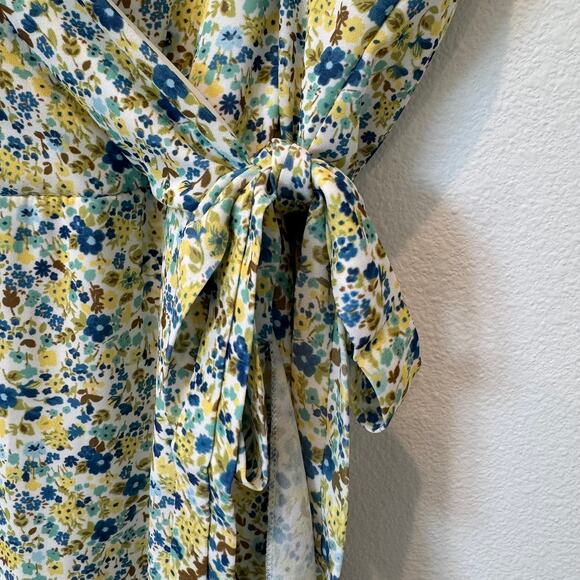Altar'd State Yellow/Blue Floral Ruffle Faux Wrap V-Neck Cottage Maxi Dress- L - Picture 10 of 11